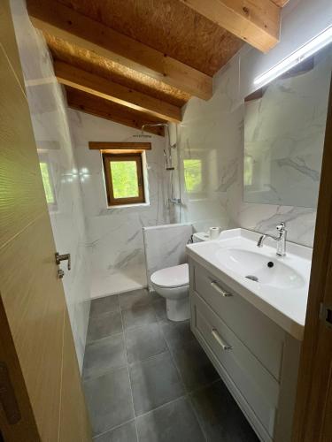 a bathroom with a white sink and a toilet at Casa CABAÑA in Riaño