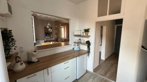 a kitchen with a counter with a sink and a mirror at Lion Or - Downtown - Sens in Sens
