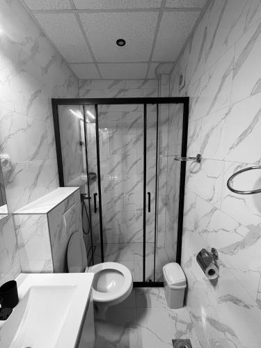 a bathroom with a shower and a toilet and a sink at Porodična oaza Vrnjačka Banja in Vrnjačka Banja