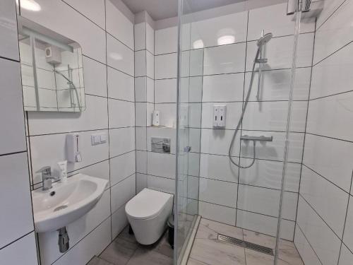 a bathroom with a shower and a toilet and a sink at Willa Na Białej in Ziajki