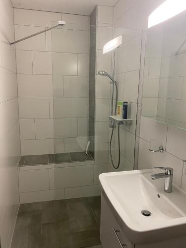 a white bathroom with a shower and a sink at Studio Redin in Savièse
