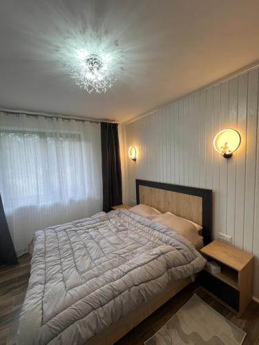 a bedroom with a large bed and a chandelier at Котедж GLORIA будинок повністю in Yaremche