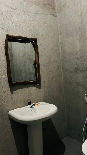 a bathroom with a sink and a mirror on the wall at Hakuna Matata Hostel in Sigiriya