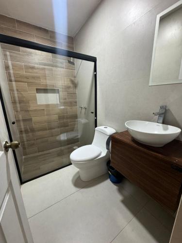 a bathroom with a shower and a toilet and a sink at Hotel Morelos Colima in Colima
