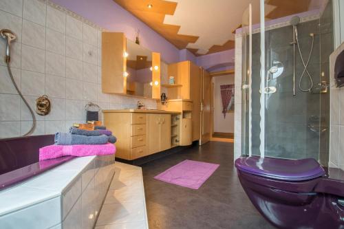 a bathroom with a purple toilet and a shower at Milcherhof in Mieders
