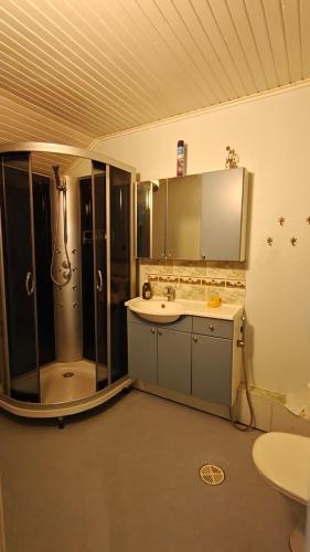 a bathroom with a sink and a shower in a room at Inka's Guesthouse in Alavus