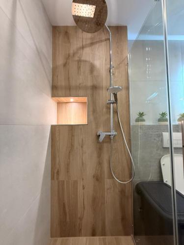 a bathroom with a shower with a black toilet at RM Apartaments in Bochum