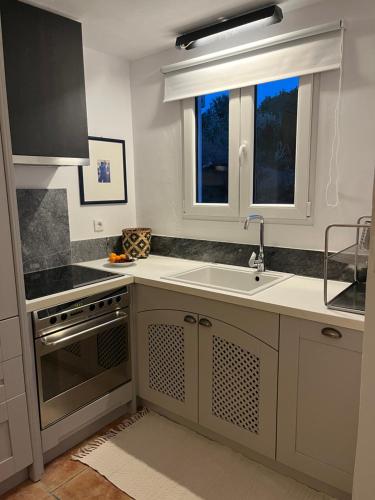 a kitchen with a sink and a window at Salt & Sun Terrace Seafront in Agioi Apostoli