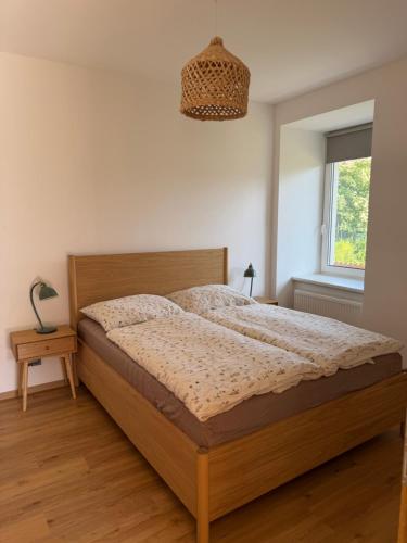 a bedroom with a bed and a window at Apartmán Mnichov in Vrbno pod Pradědem
