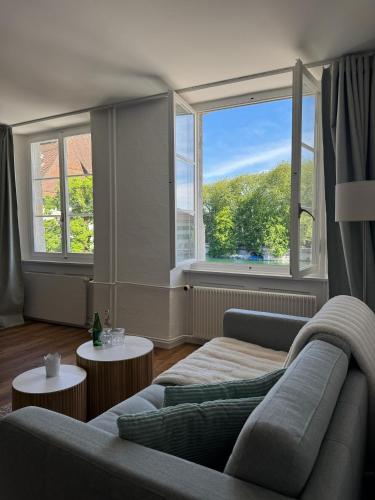 a living room with a couch and two windows at Aarebar Rooms in Solothurn