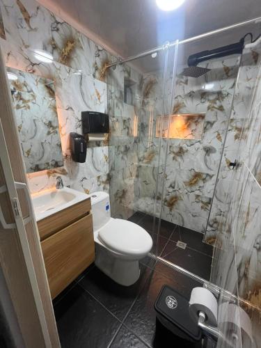 a bathroom with a toilet and a sink and a shower at Hospedaje ZIG ZAG 2 in Tocancipá