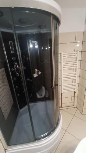 a bathroom with a shower with a toilet in it at Dana in Piteşti