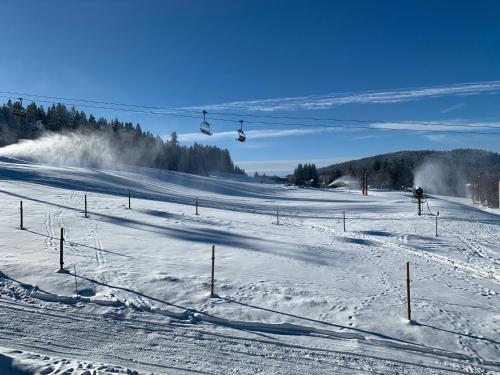 a person riding a ski lift in the snow at Chalet Les Jouves in Prémanon