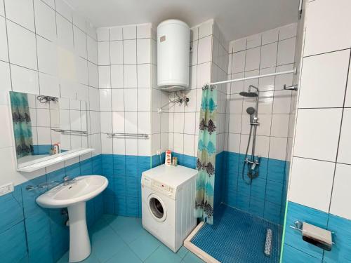 a bathroom with a washing machine and a sink at SunKissed Apartament in Golem