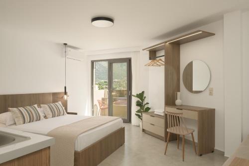a bedroom with a bed and a sink and a mirror at Amalia Apartments-Suites in Bali
