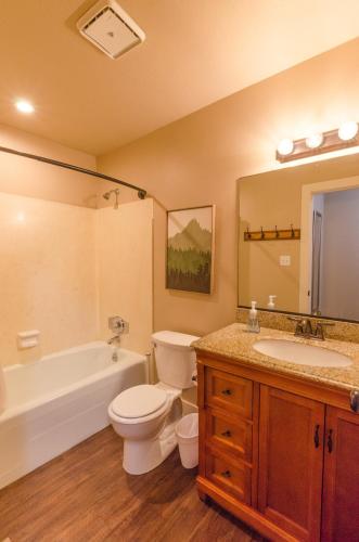 a bathroom with a toilet and a tub and a sink at Updated condo in Logan in Logan