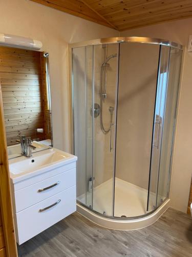 a bathroom with a shower and a sink at Shepherds Lodge in Shiel Bridge
