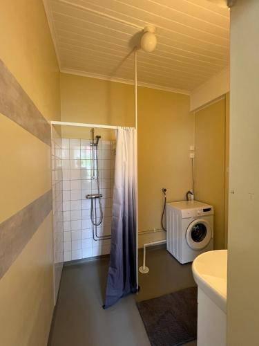 a bathroom with a shower and a washing machine at Anders-Pers, The apartment downstairs in Järvsö