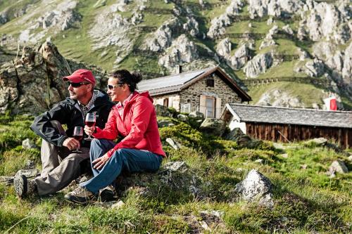 a man and woman sitting on a hill with glasses of wine at Milcherhof in Mieders
