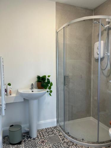 a bathroom with a shower and a sink at Little Hills in Westport