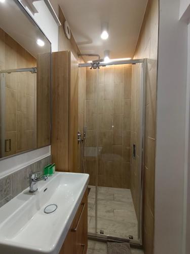 a bathroom with a sink and a shower at Moka in Grzybowo