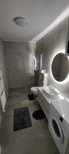 a bathroom with a sink and a toilet and a mirror at Apartman Eldin Panonika in Tuzla