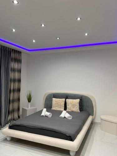 a bedroom with a bed with a blue ceiling at T2 modern in Frontenex-Villard-Rosset