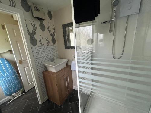 a bathroom with a shower and a sink at Sleeps4-FamilyFriendly-FreeParking- Nc500 in Wick