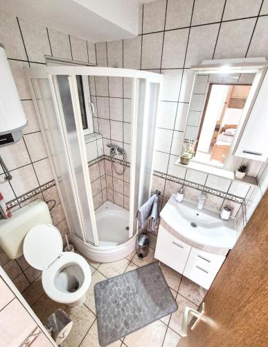 a bathroom with a shower and a toilet and a sink at Apartments Benkovic in Baška