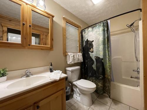 a bathroom with a toilet and a shower curtain at Rustic Cabin, Fire Pit with HotTub, Mountain Views, Peaceful Location in Sevierville