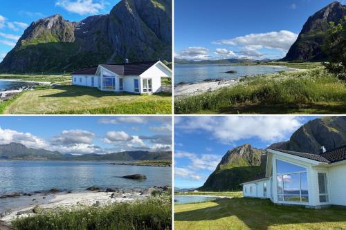 four different views of a house on a beach with mountains at Oceanfront Infinity Lodge, Lofoten in Vestvågøya