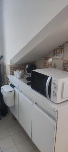a microwave sitting on a counter in a kitchen at La Petite in Cogoleto