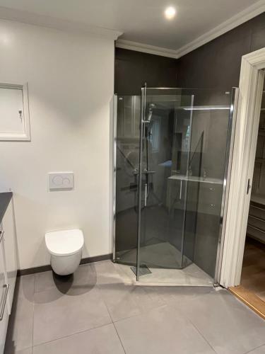 a bathroom with a shower and a toilet at Krøgeneslåven Microtel in Arendal