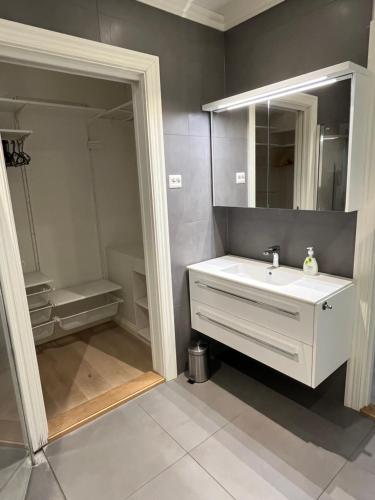 a bathroom with a white sink and a mirror at Krøgeneslåven Microtel in Arendal