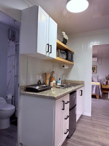 a kitchen with white cabinets and a sink and a toilet at Río Celeste Stay in Rio Celeste