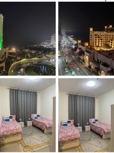 four different pictures of a room with two beds at Ajman Beach Apartments in Ajman 