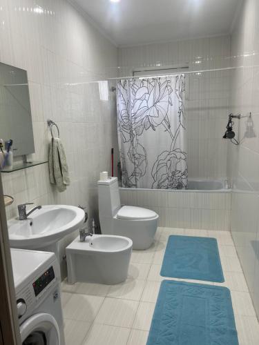 a bathroom with a sink and a toilet and a shower at РадугаВест58а in Koshkolʼ