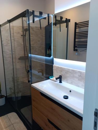 ein Badezimmer mit Waschbecken und Glasdusche in der Unterkunft Lavrinha in Lavra