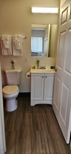 a bathroom with a toilet and a sink and a mirror at Siegel Select Orange Park in Orange Park
