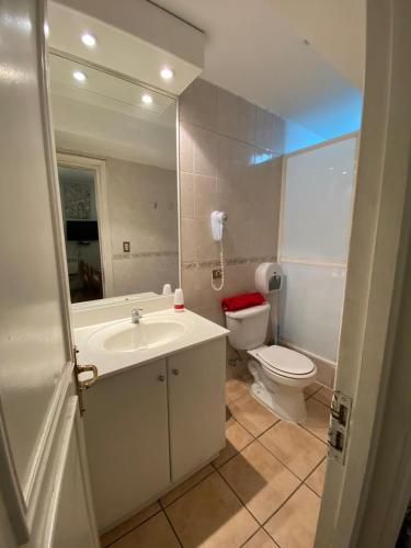 a bathroom with a sink and a toilet and a mirror at BbCasita Blue-Hostal in Santiago