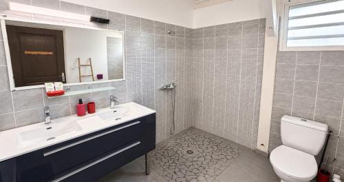 a bathroom with a sink and a toilet and a mirror at Villa Arc-en-ciel in Le Moule