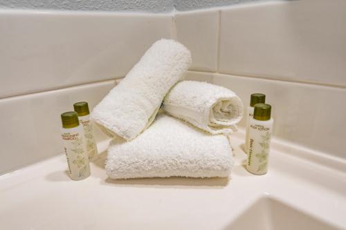 a pile of towels sitting on top of a bathroom sink at Sweet Breeze Inn Grants Pass in Grants Pass