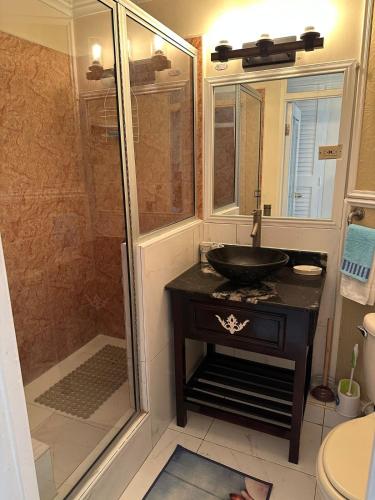 a bathroom with a sink and a glass shower at Seaside Escape in Montego Bay