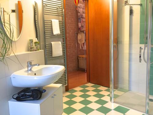 a bathroom with a sink and a shower at La Mansarda di Margherita in Treviso