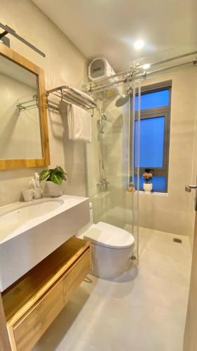 a bathroom with a toilet and a sink and a mirror at Minh An Villa in Da Thanh