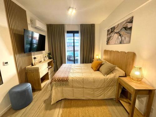 a bedroom with a bed and a television in it at Del Pino Park in Buenos Aires