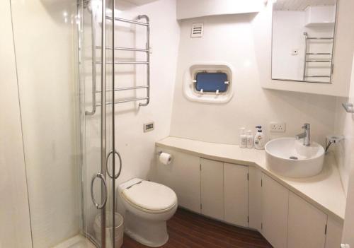 a bathroom with a toilet and a sink at Cipango - Hong Kong Houseboat in Hong Kong