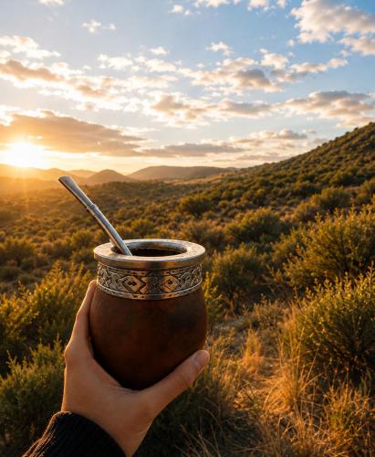 a person holding a coffee cup with a spoon in it at Refugio de Monte in San Luis