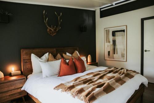 a bedroom with a large bed with red pillows at The Artemis Cottage in Fitzroy