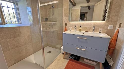 a bathroom with a sink and a shower at L'humeur vagabonde in Linards